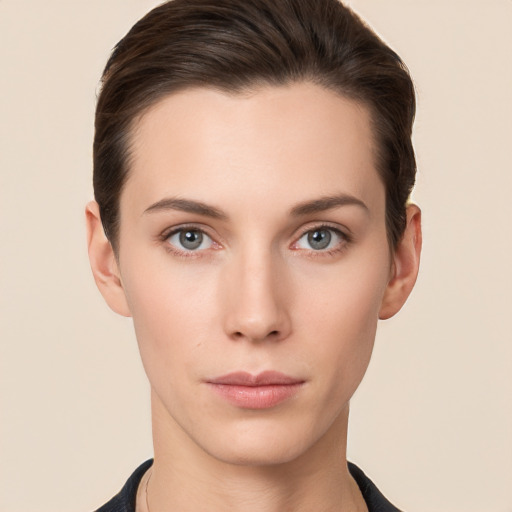 Neutral white young-adult female with short  brown hair and brown eyes