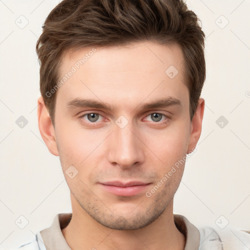 Neutral white young-adult male with short  brown hair and brown eyes