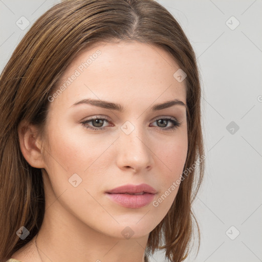 Neutral white young-adult female with long  brown hair and brown eyes