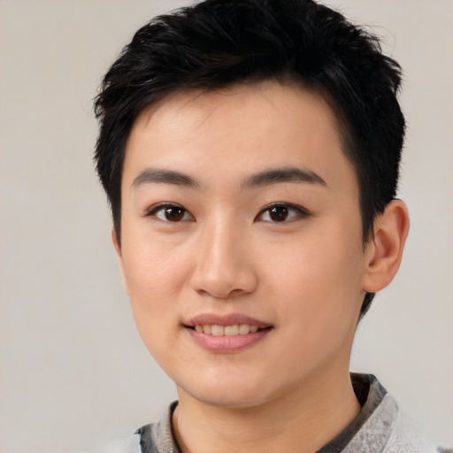 Joyful white young-adult female with short  black hair and brown eyes