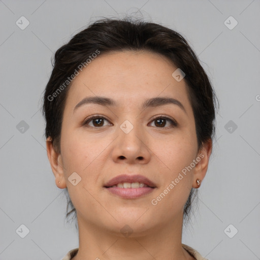 Joyful white young-adult female with medium  brown hair and brown eyes