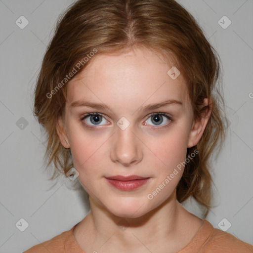 Joyful white child female with medium  brown hair and brown eyes