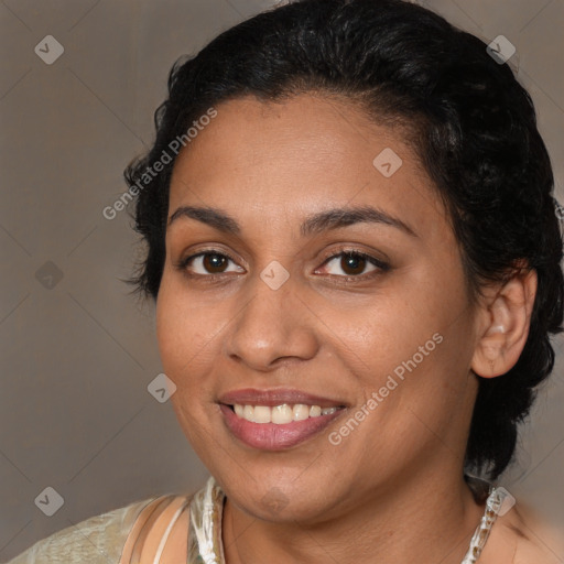 Joyful white young-adult female with medium  brown hair and brown eyes