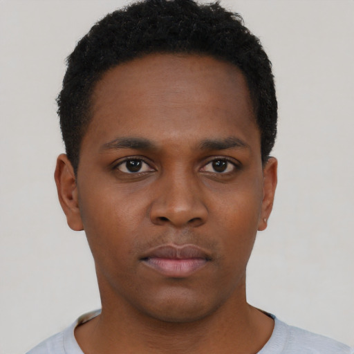 Neutral black young-adult male with short  black hair and brown eyes