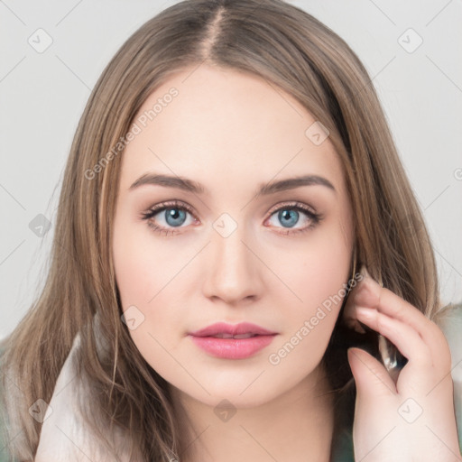 Neutral white young-adult female with medium  brown hair and grey eyes