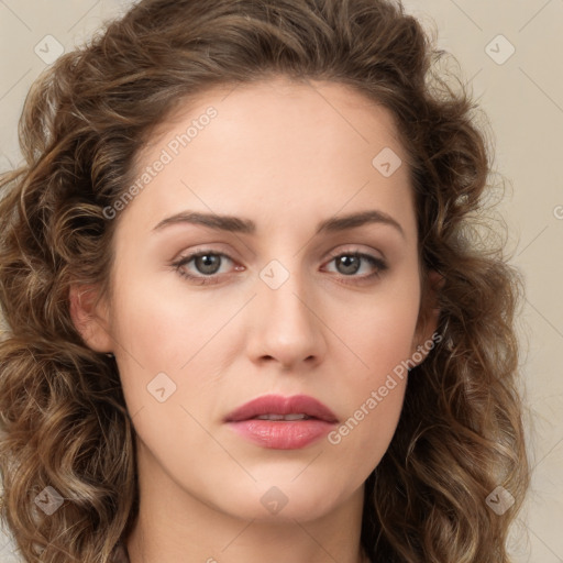 Neutral white young-adult female with long  brown hair and brown eyes