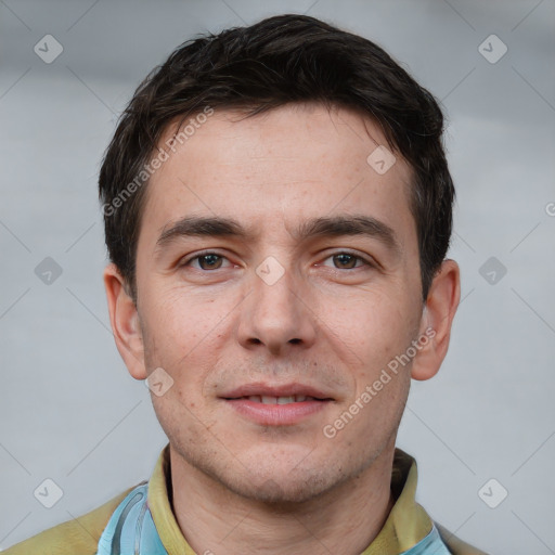 Joyful white young-adult male with short  brown hair and brown eyes