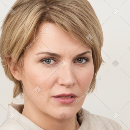 Neutral white young-adult female with medium  brown hair and grey eyes