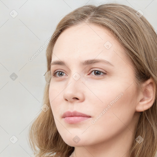 Neutral white young-adult female with long  brown hair and grey eyes