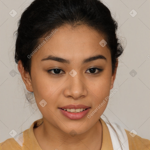 Joyful latino young-adult female with medium  brown hair and brown eyes