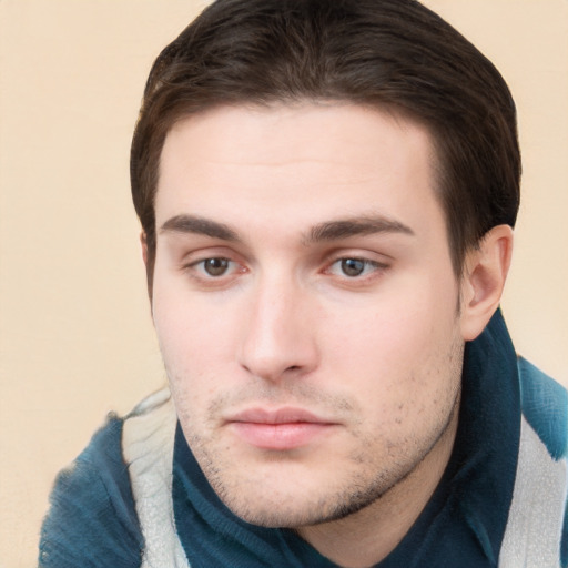 Neutral white young-adult male with short  brown hair and brown eyes