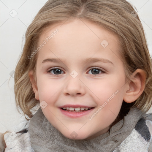 Joyful white child female with medium  brown hair and blue eyes