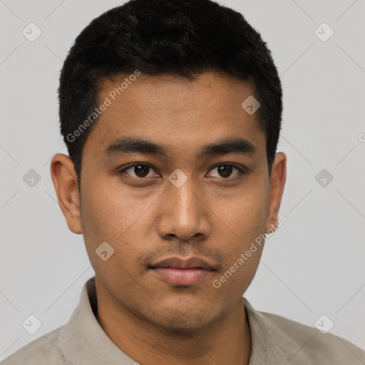 Neutral asian young-adult male with short  black hair and brown eyes