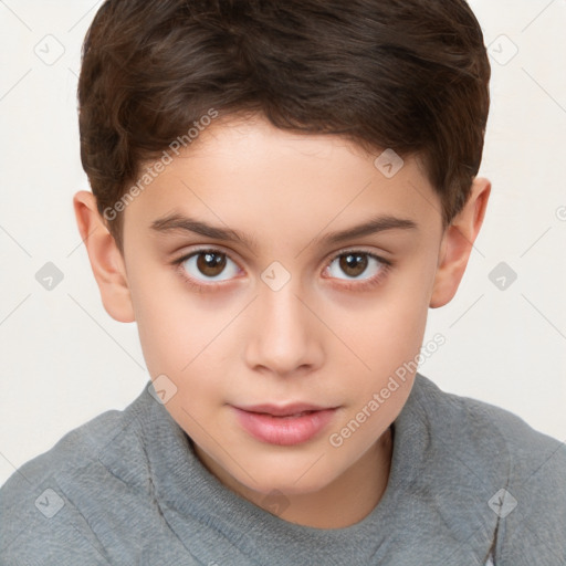 Joyful white child female with short  brown hair and brown eyes