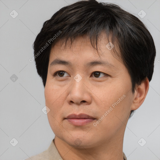 Joyful asian adult male with short  brown hair and brown eyes