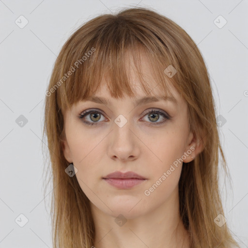 Neutral white young-adult female with long  brown hair and grey eyes