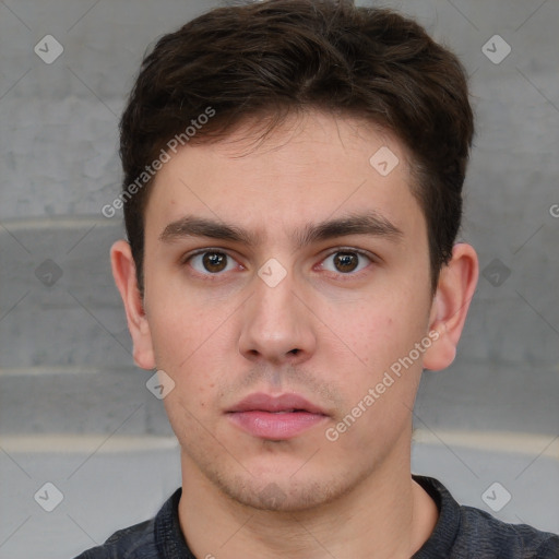 Neutral white young-adult male with short  brown hair and brown eyes