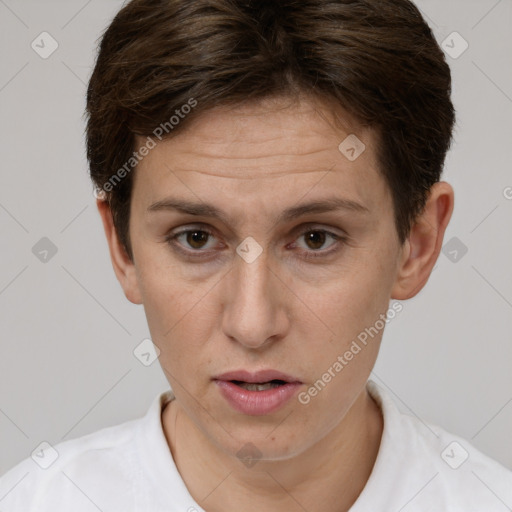 Neutral white adult female with short  brown hair and brown eyes