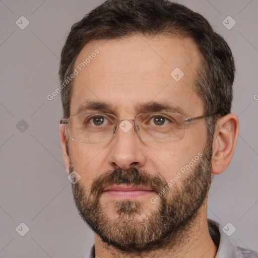 Neutral white adult male with short  brown hair and brown eyes