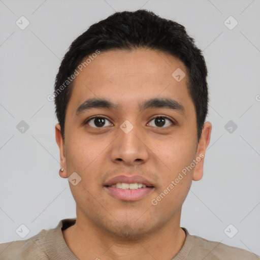 Neutral latino young-adult male with short  black hair and brown eyes