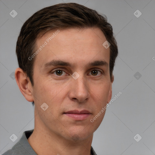 Neutral white young-adult male with short  brown hair and grey eyes