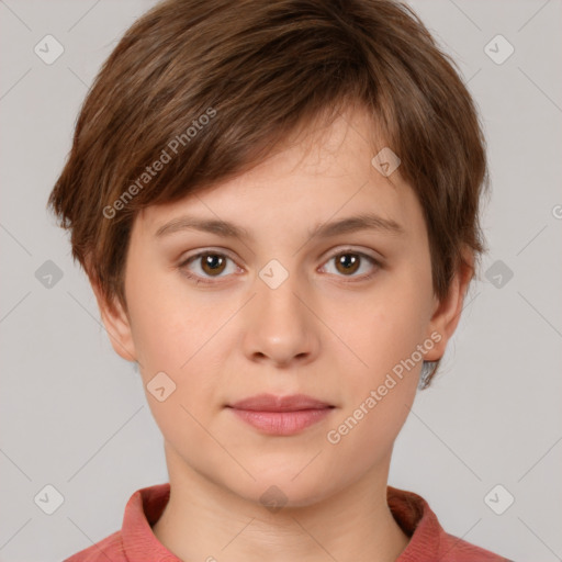 Neutral white young-adult female with short  brown hair and brown eyes