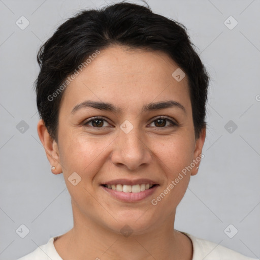 Joyful white young-adult female with short  brown hair and brown eyes