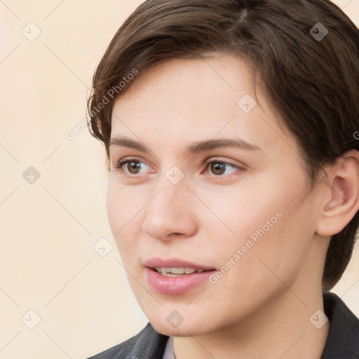 Neutral white young-adult female with short  brown hair and brown eyes