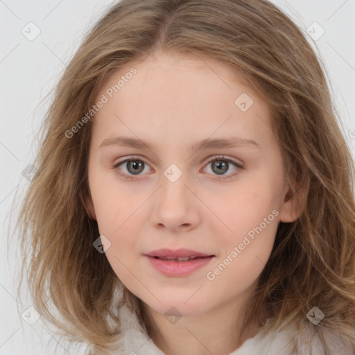 Joyful white child female with medium  brown hair and brown eyes