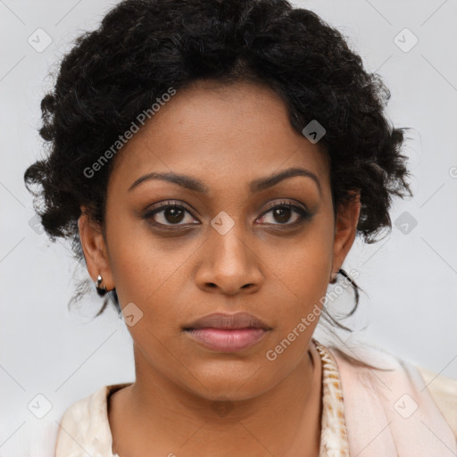 Neutral black young-adult female with medium  brown hair and brown eyes