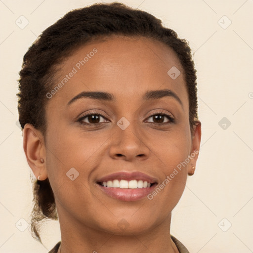 Joyful white young-adult female with long  brown hair and brown eyes