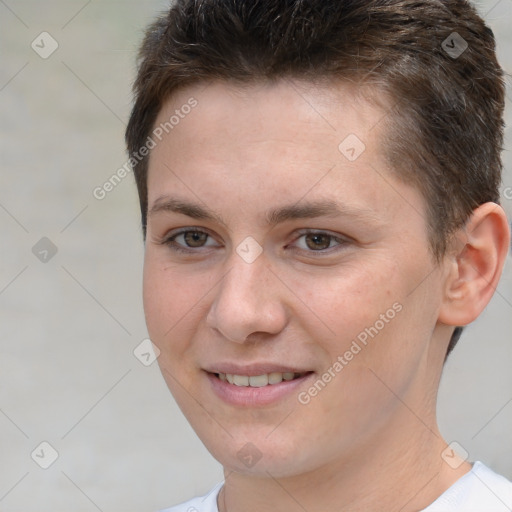 Joyful white young-adult female with short  brown hair and brown eyes