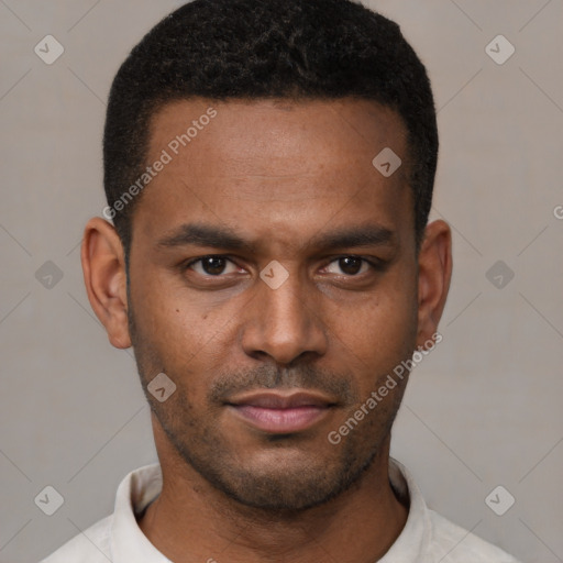 Neutral black young-adult male with short  black hair and brown eyes