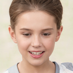 Joyful white child female with short  brown hair and brown eyes