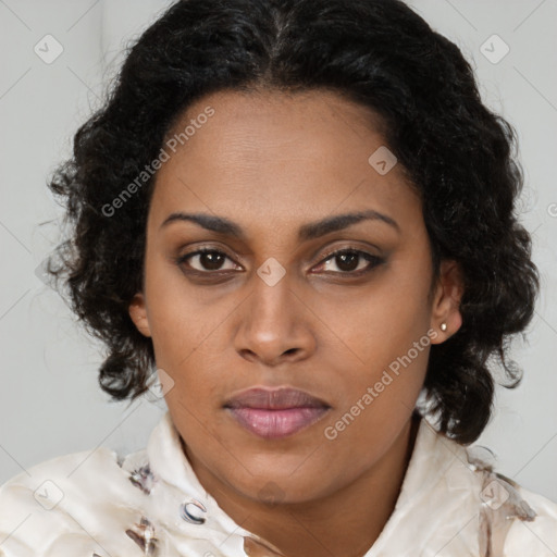 Joyful black young-adult female with medium  brown hair and brown eyes