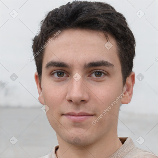 Neutral white young-adult male with short  brown hair and brown eyes