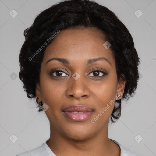 Joyful black young-adult female with medium  black hair and brown eyes