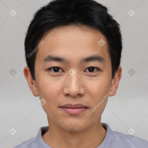 Neutral asian young-adult male with short  black hair and brown eyes