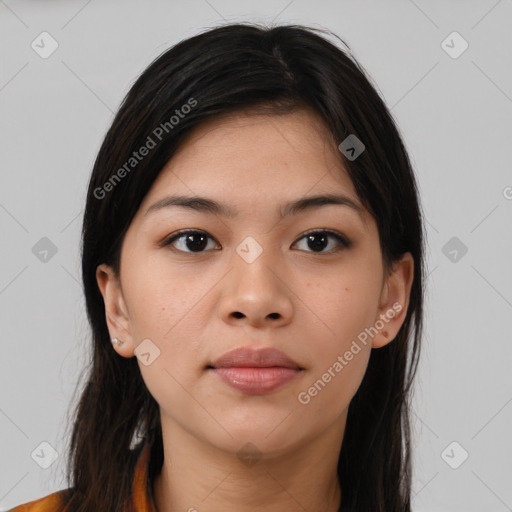 Neutral asian young-adult female with medium  brown hair and brown eyes