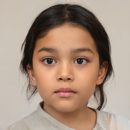 Neutral latino child female with medium  brown hair and brown eyes