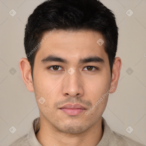 Neutral asian young-adult male with short  black hair and brown eyes