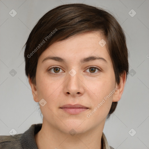 Neutral white young-adult female with medium  brown hair and brown eyes