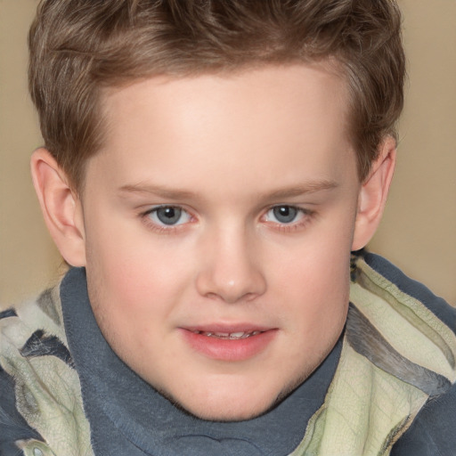 Joyful white child male with short  brown hair and grey eyes