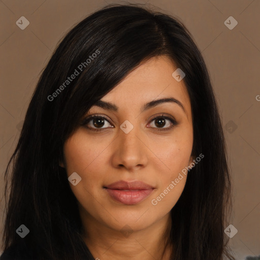 Joyful latino young-adult female with long  brown hair and brown eyes