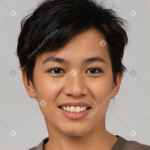 Joyful asian young-adult female with short  black hair and brown eyes