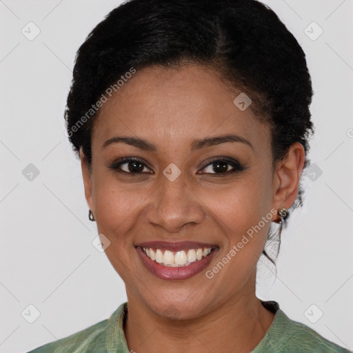 Joyful latino young-adult female with short  black hair and brown eyes