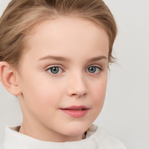 Neutral white child female with medium  brown hair and grey eyes