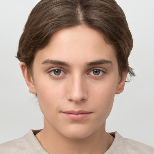 Neutral white young-adult female with short  brown hair and brown eyes