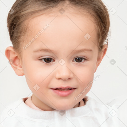 Joyful white child female with short  brown hair and brown eyes