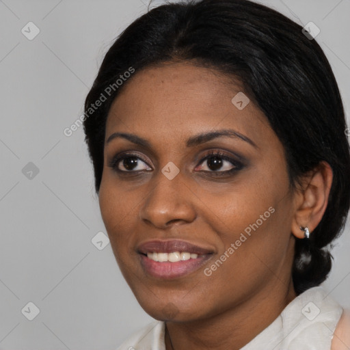 Joyful asian young-adult female with medium  black hair and brown eyes